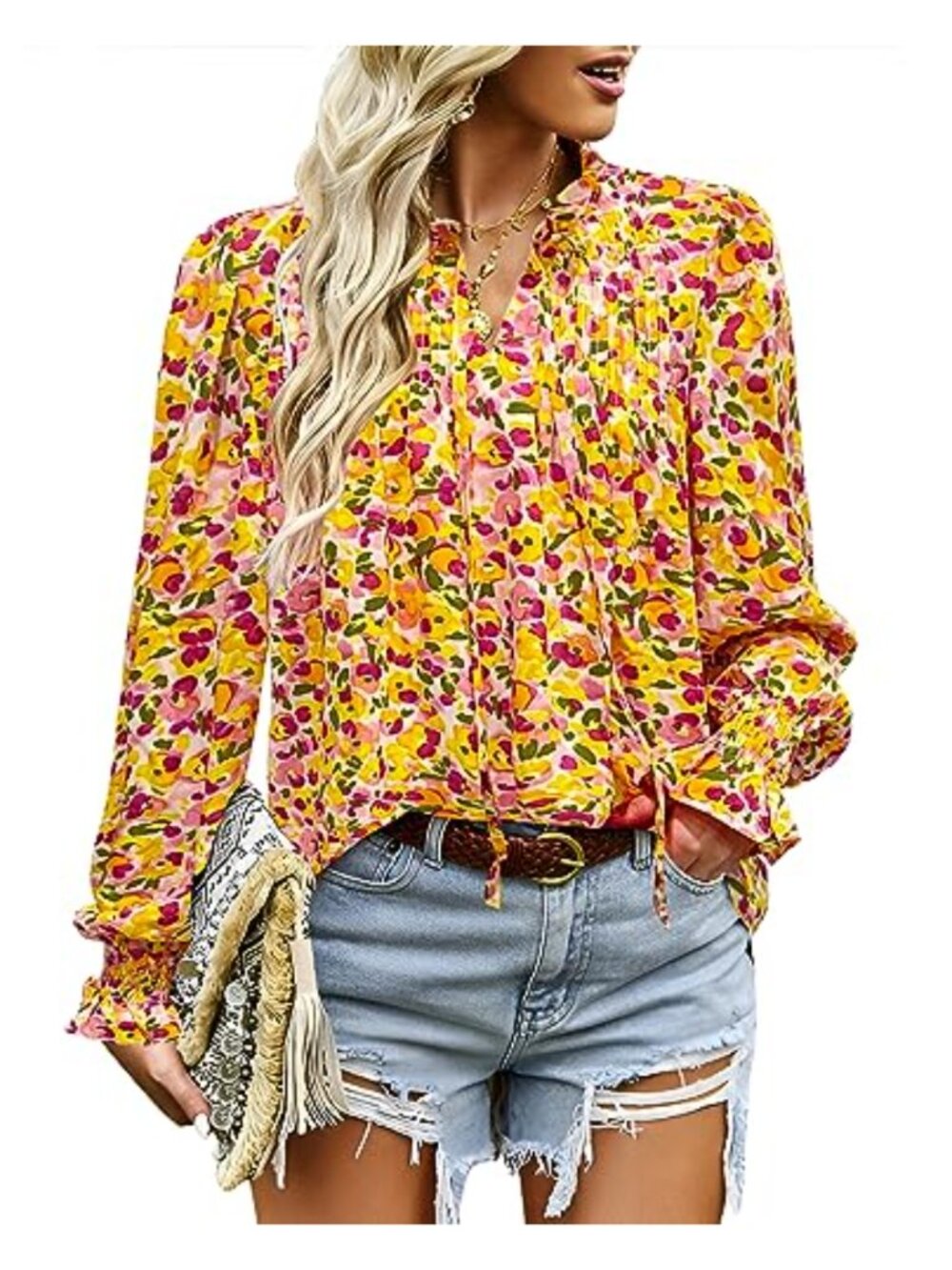 Womens Boho Floral V Neck Long Sleeve Blouse Drawstring Tie Casual